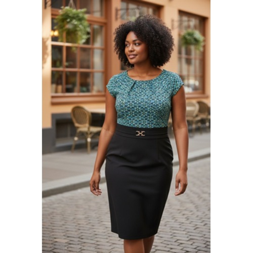 ALYX Limited Womens Sheath Dress Size 16 Teal Black Geometric Cap Sleeve Buckle